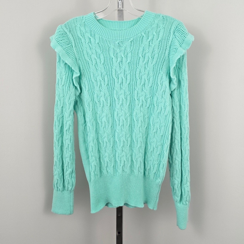Crown &‎ Ivy Ruffle Long Sleeve Crew Neck Sweater Teal Blue L